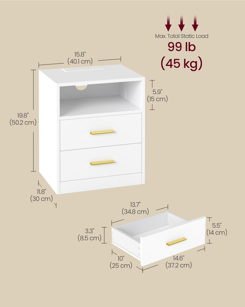 Size information diagram showing the dimensions of the Vasagle Cloud White bedside table and drawer