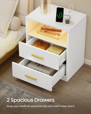 Vasagle Cloud White bedside table with both drawers open showing storage space