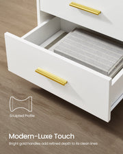Close-up of the gold-tone handle and sculpted drawer front on the Vasagle Cloud White bedside table