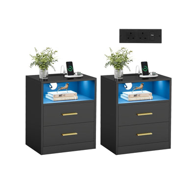 Pair of Vasagle bedside tables in Ink Black with charging station and open shelf, on white background