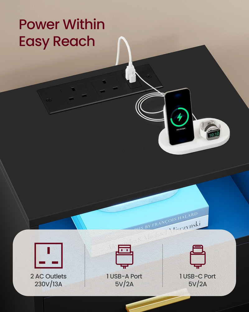 Close-up of the built-in charging station on the Vasagle Ink Black bedside table showing 2 AC outlets, USB-A and USB-C ports