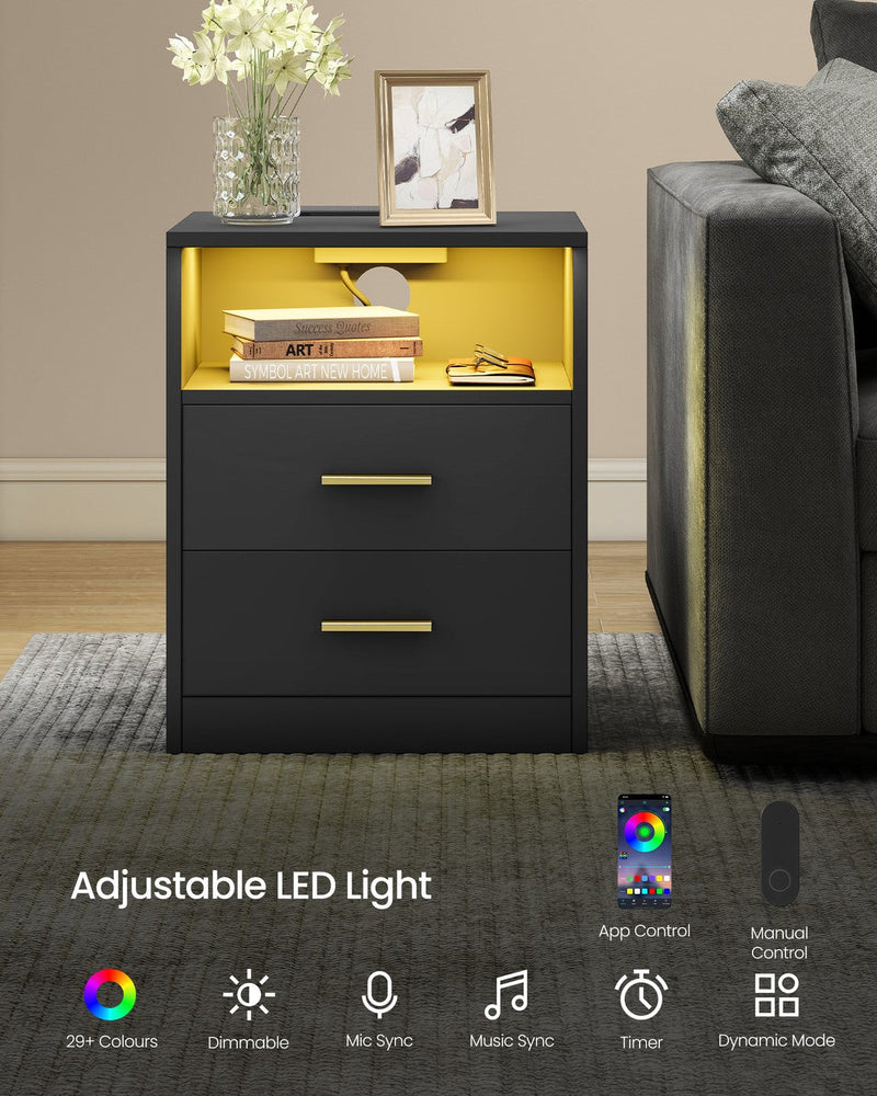 Vasagle Ink Black bedside table with the open shelf lit by adjustable LED lighting