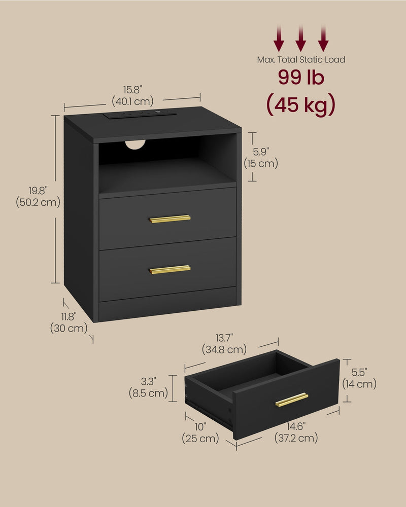 Size information diagram showing the dimensions of the Vasagle Ink Black bedside table and drawer