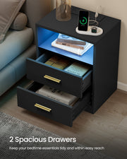 Vasagle Ink Black bedside table with both drawers open showing storage space
