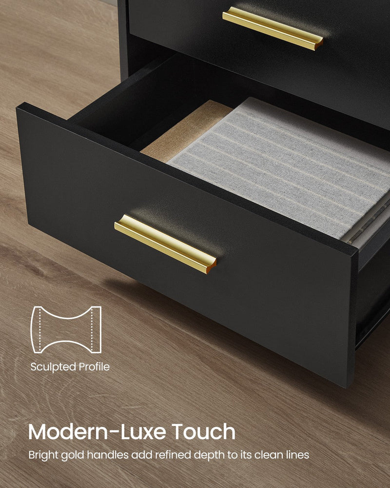 Close-up of the gold-tone handle and sculpted drawer front on the Vasagle Ink Black bedside table