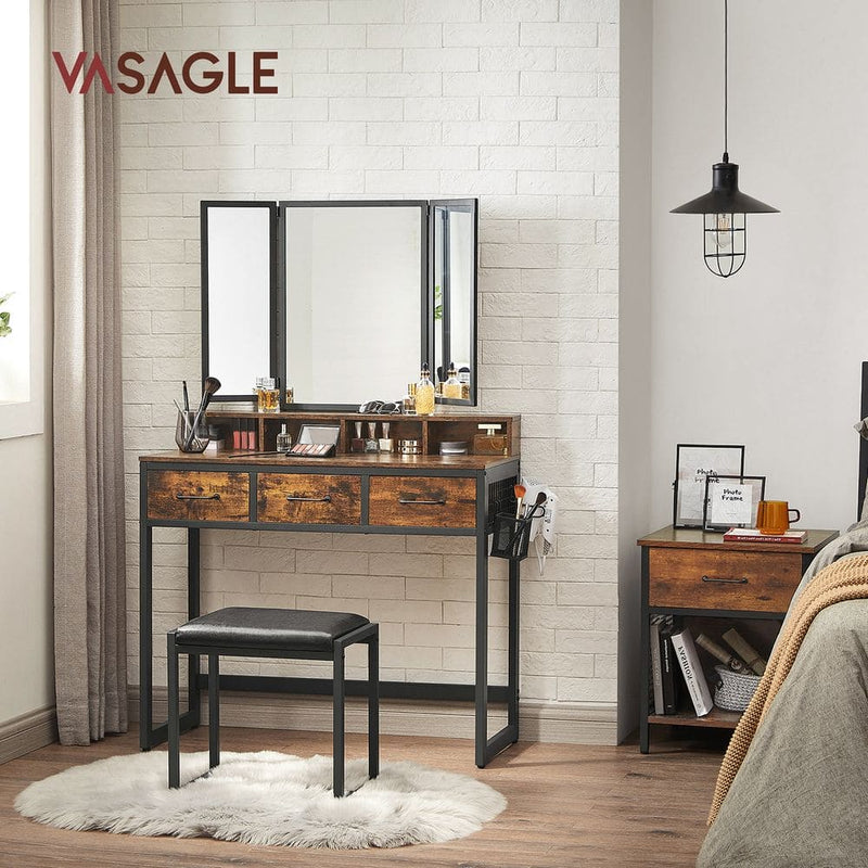 Vasagle Industrial Style Dressing Table with Tri-Fold Mirror and Stool