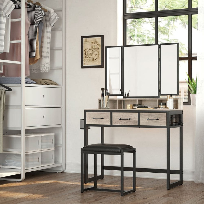 Vasagle Industrial Style Dressing Table with Tri-Fold Mirror and Stool Griege and Black