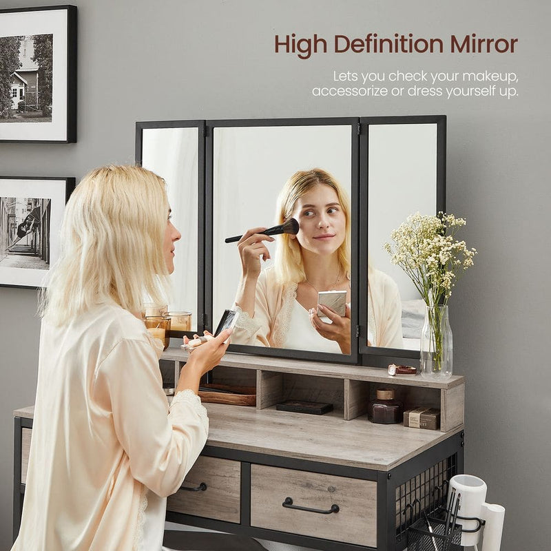Vasagle Industrial Style Dressing Table with Tri-Fold Mirror and Stool Griege and Black