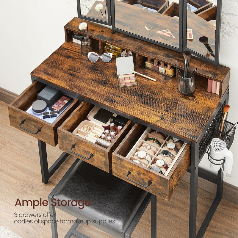 Vasagle Industrial Style Dressing Table with Tri-Fold Mirror and Stool