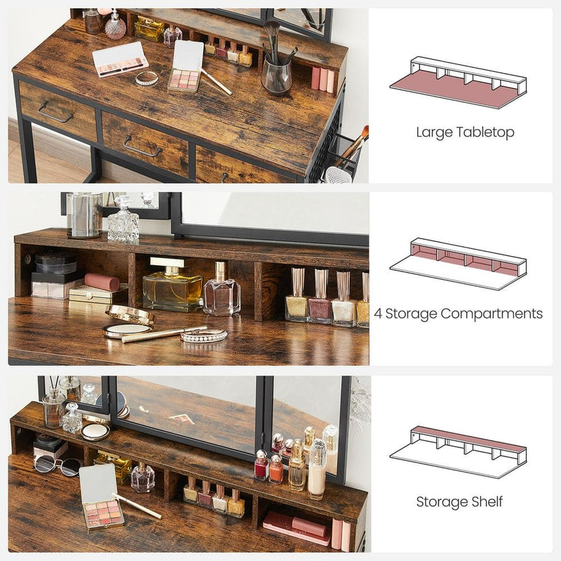 Vasagle Industrial Style Dressing Table with Tri-Fold Mirror and Stool