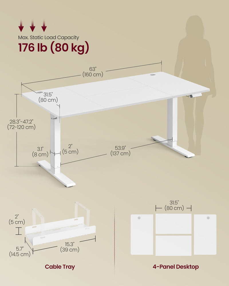 Vasagle electric standing desk dimensions diagram: 160 x 80cm desktop, 72-120cm height range, 80kg max load
