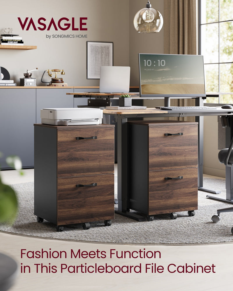 Two Vasagle filing cabinets styled in a home office under standing desks
