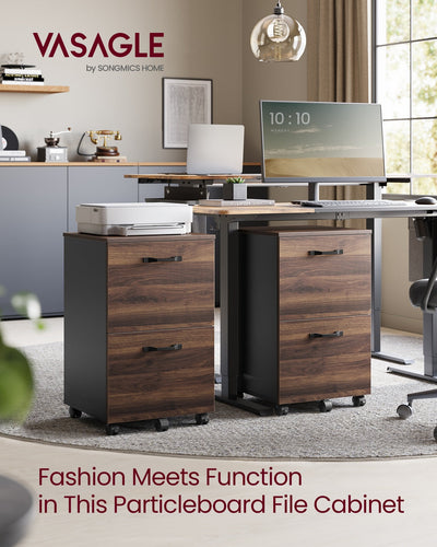 Two Vasagle filing cabinets styled in a home office under standing desks