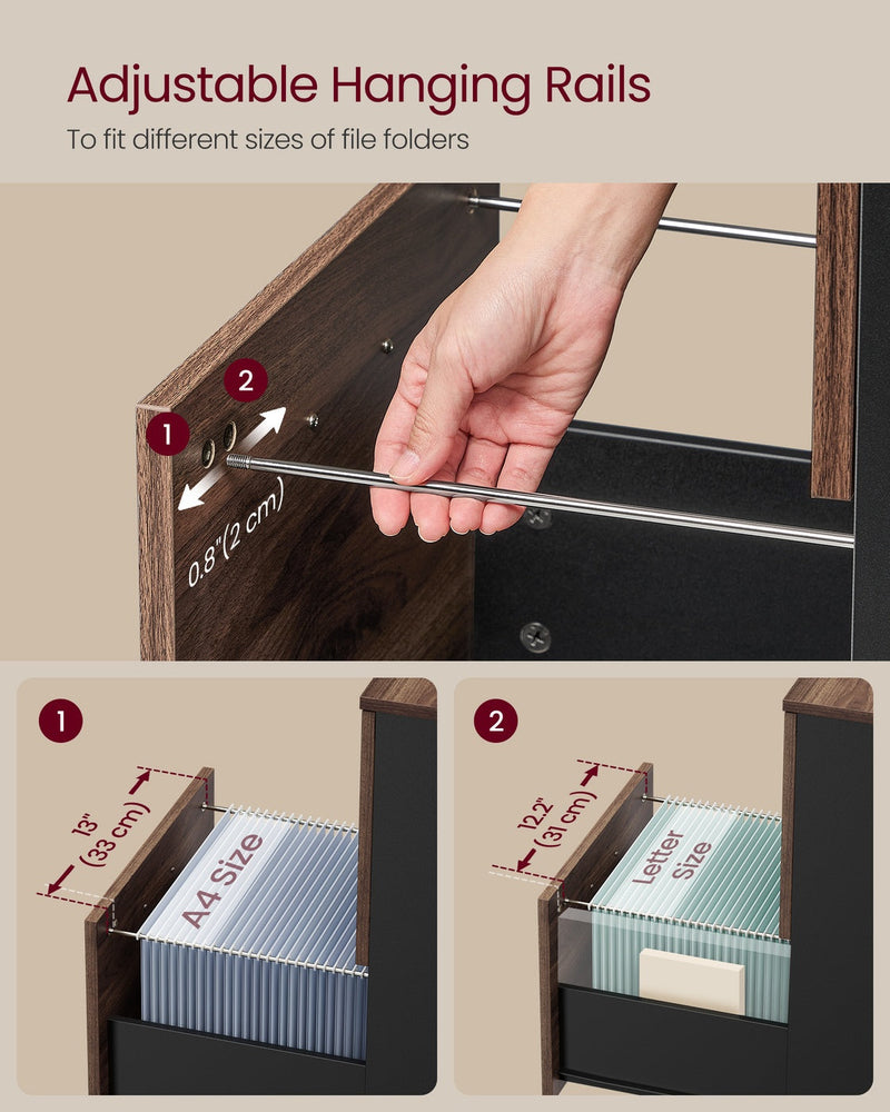 Adjustable hanging rails diagram fitting A4 and letter-size folders