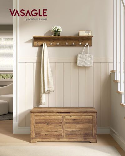 Honey brown Vasagle bench styled in an entryway below a matching wall-mounted hook rail
