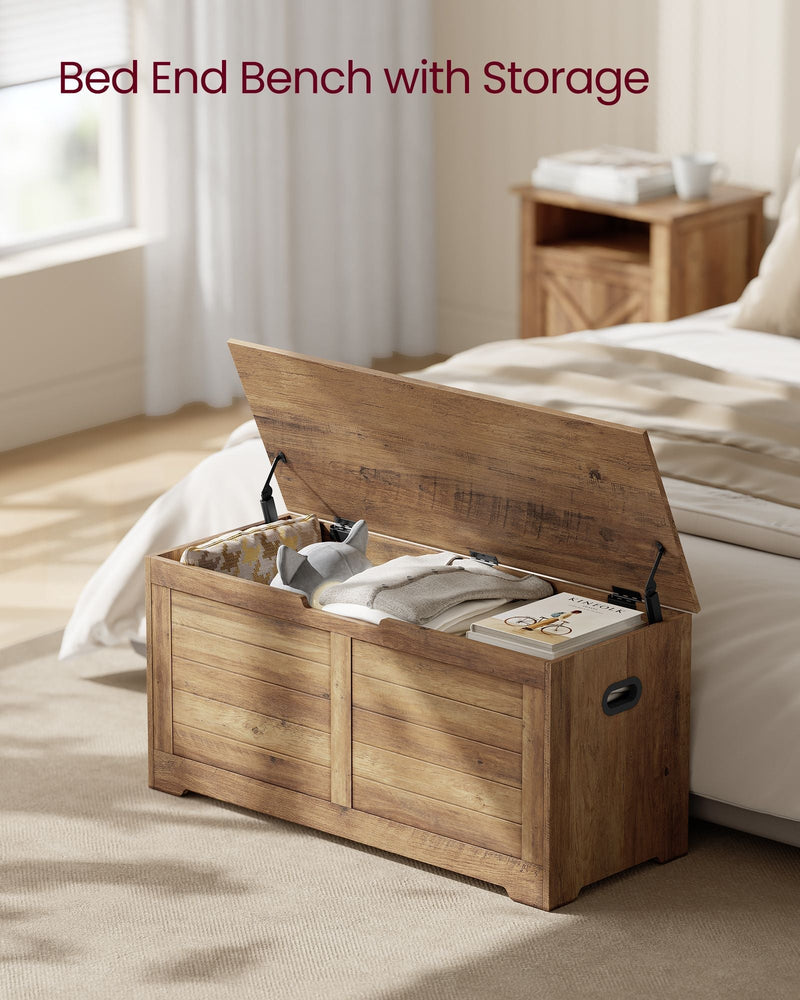 Honey brown shoe storage bench closed, showing panelled wood-effect front and side handle