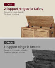 Close-up of the bench's 2 safety support hinges that hold the lid open without pinching fingers