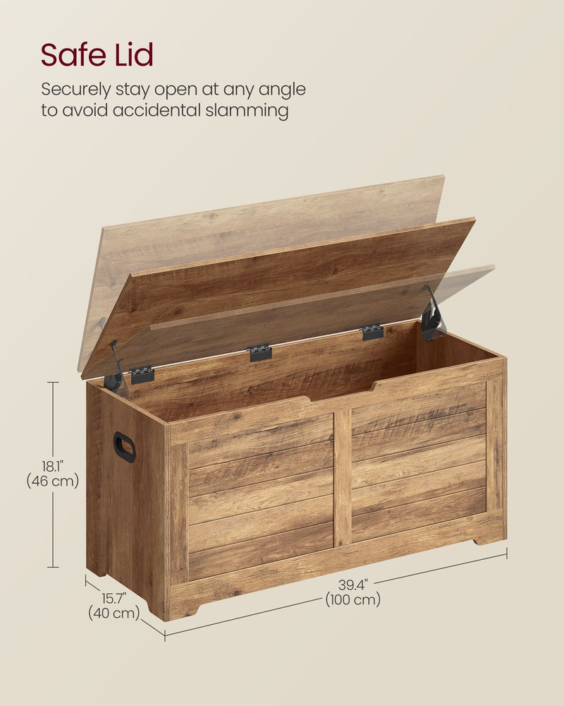 Vasagle shoe storage bench dimensions diagram: 100 x 40 x 46cm with safe stay-open lid