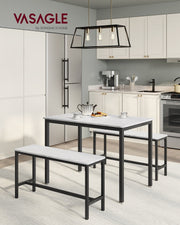 Dining set with one bench in front and one tucked behind the table in a modern kitchen beneath a pendant light