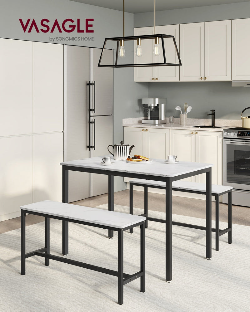 Dining set with one bench in front and one tucked behind the table in a modern kitchen beneath a pendant light
