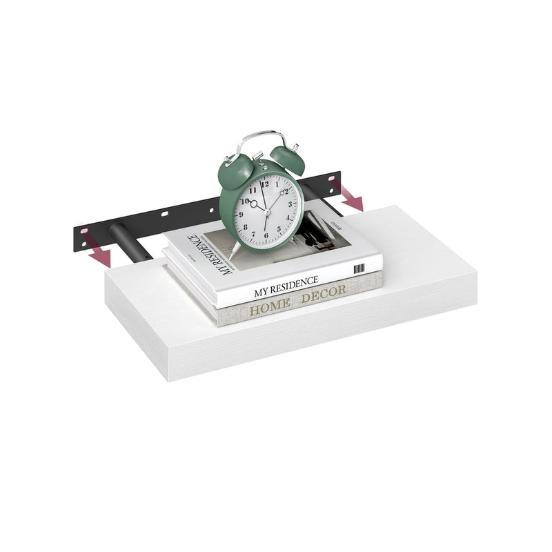 Vasagle white floating wall shelf studio shot with a clock and books on top