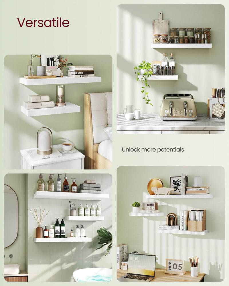 Collage showing the floating shelf used in a bathroom, kitchen and bedroom
