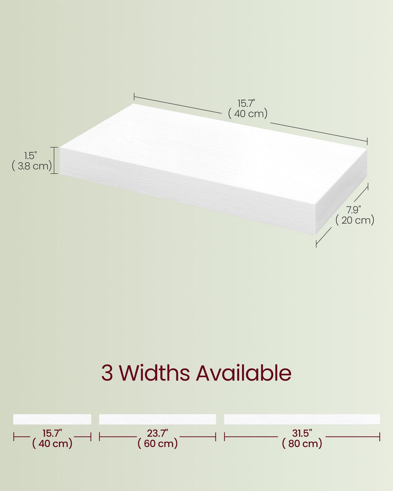 Dimension diagram of the floating shelf, 40 x 20 x 3.8 cm, with 3 width options
