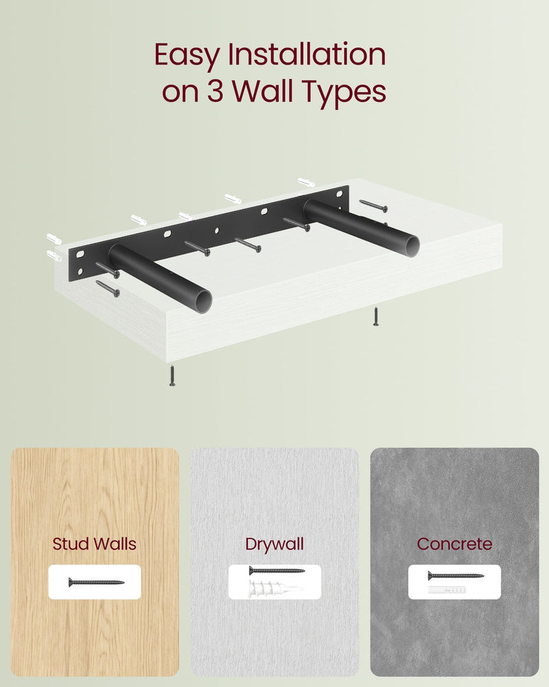 Installation diagram showing fixings for stud walls, drywall and concrete