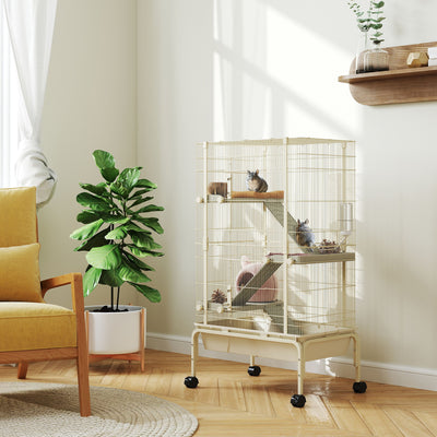 4 Level Rolling Small Animal Cage With Ramps Water Bottle and Deep Tray Beige by PawHut