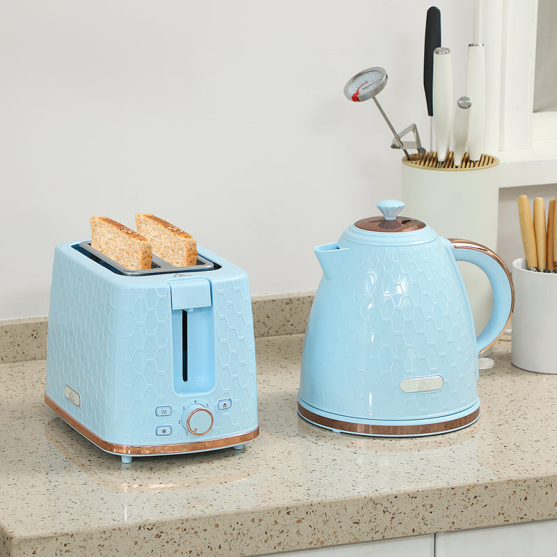 Fast Boil Kettle and 2 Slice Toaster Set with Auto Shut Off for Quick Breakfasts, Light Blue
