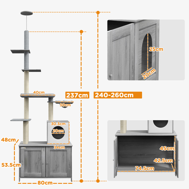 2 in 1 Floor to Ceiling Cat Tree with Hidden Litter Box for Indoor Cats Grey