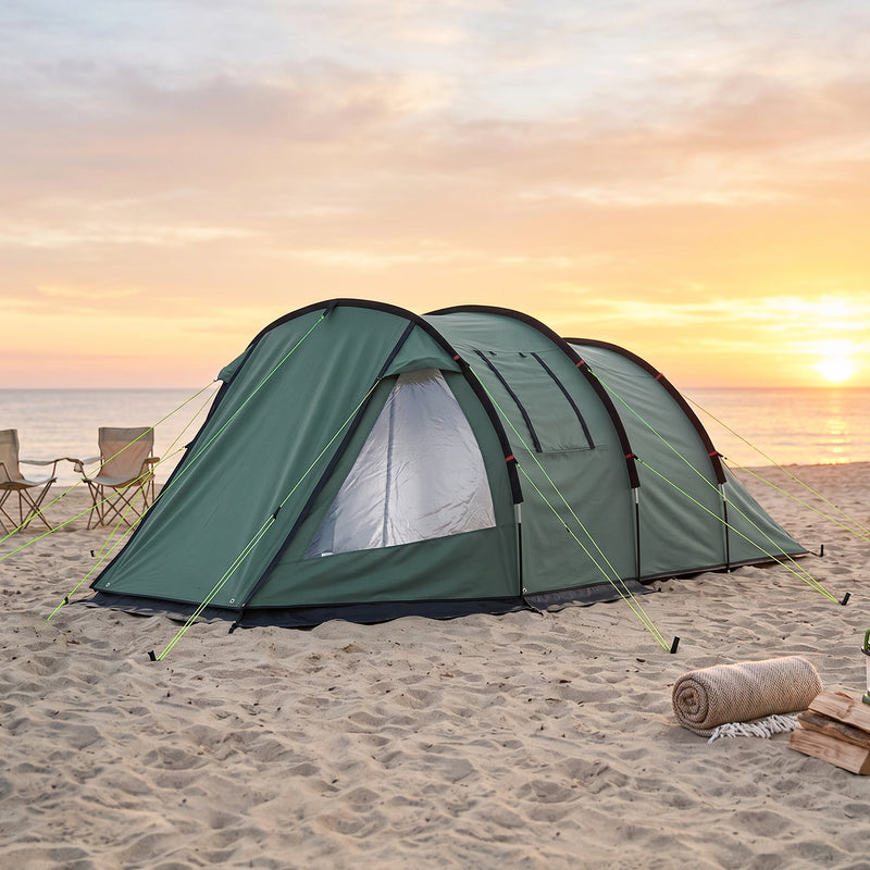 Outsunny Two Room Tunnel Tent Camping Tent for  3-4 Man with Windows, Covers, Carry Bag, for Fishing, Hiking, Sports, Green