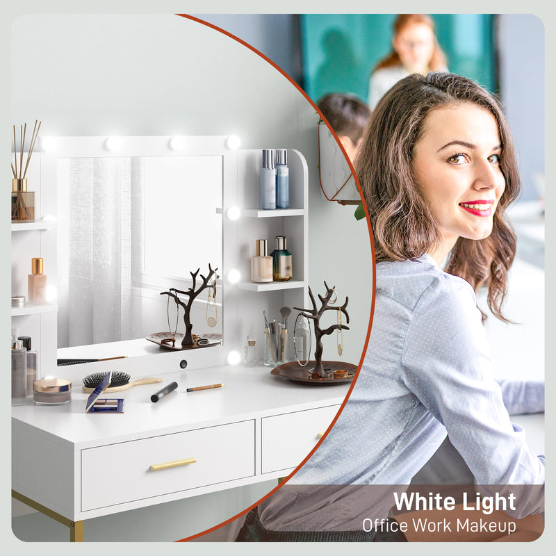 LED Makeup Vanity Table Set with Mirror Drawers and Stool for Bedroom Storage White