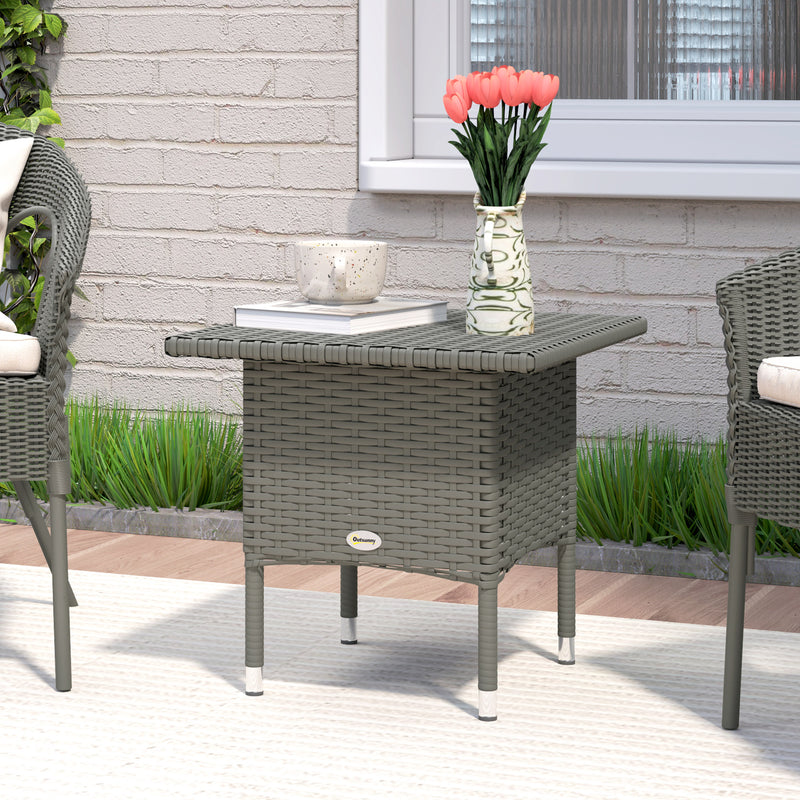 Grey Rattan Side Table Outdoor Coffee Table with Plastic Board for Garden Patio Balcony by Outsunny