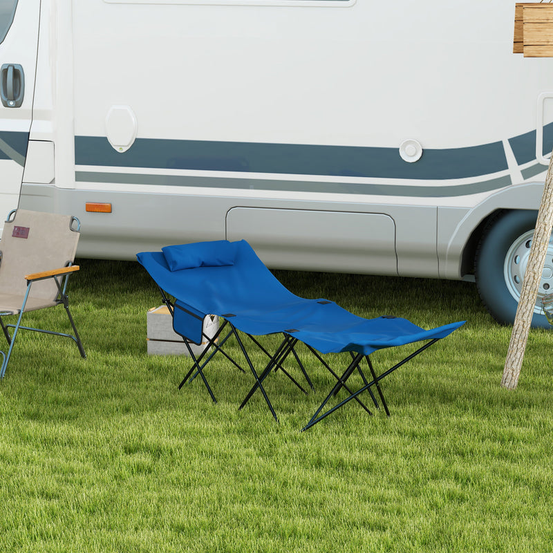 Dark Blue Foldable Sun Lounger With Headrest and Side Pocket for Beach or Garden Use