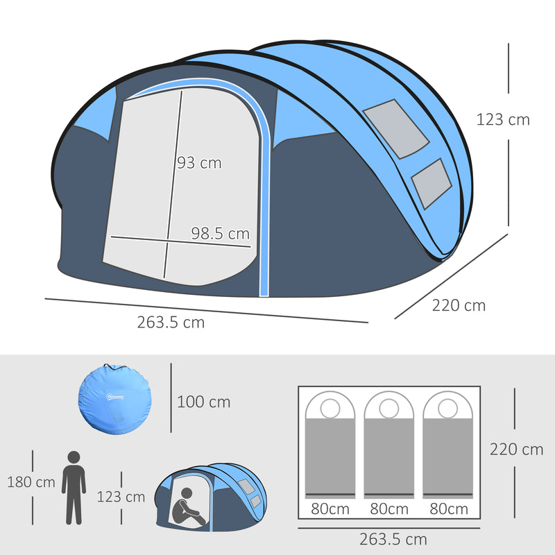 Outsunny 4 Person Pop-up Camping Tent, Family Dome Tent with Ground Sheet, 4 Windows and Portable Carry Bag for Beach Outdoor Trip, Sky Blue