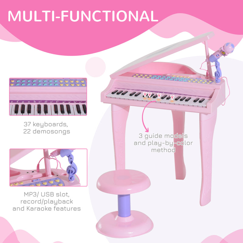 Pink 37 Key Kids Electronic Keyboard Piano Set With Stool Microphone And Lights AOSOM