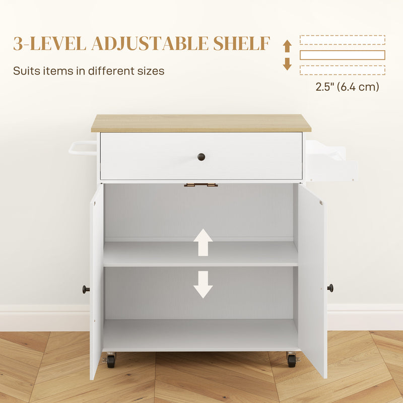 Rolling Kitchen Island Trolley with Drop Leaf Drawer and Storage Shelves White 106x42x87cm
