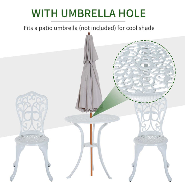White 3 Piece Antique Garden Bistro Set Cast Aluminium with Umbrella Hole by Outsunny