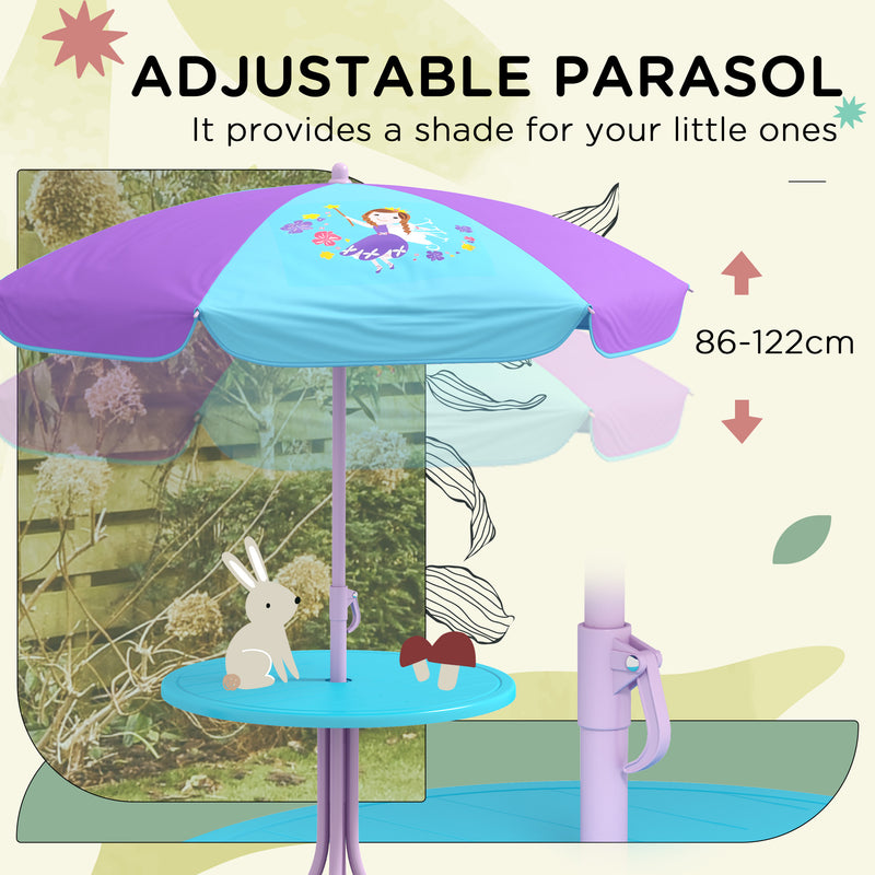 Kids Garden Picnic Table Set with Adjustable Parasol and Foldable Chairs Fairy Design, Pink