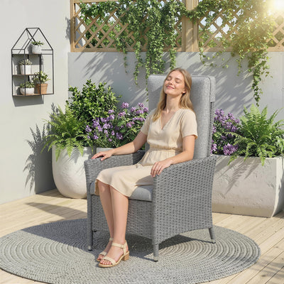 Rattan Recliner Garden Chair with Adjustable Backrest and Washable Cushion Light Grey AOSOM