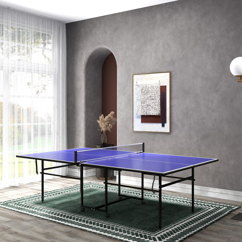 SPORTNOW 9FT Folding Table Tennis Table with Four Wheels, for Indoor Use, Blue AOSOM