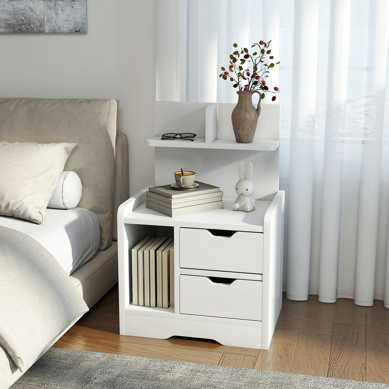 Modern Bedside Table with 2 Drawers and Open Storage Shelves for Bedroom White
