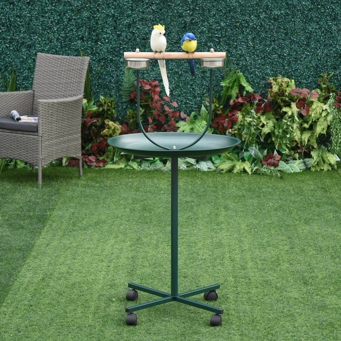 Green Bird Perch Stand with Wheels and Feeding Bowls for Small and Medium Birds by PawHut