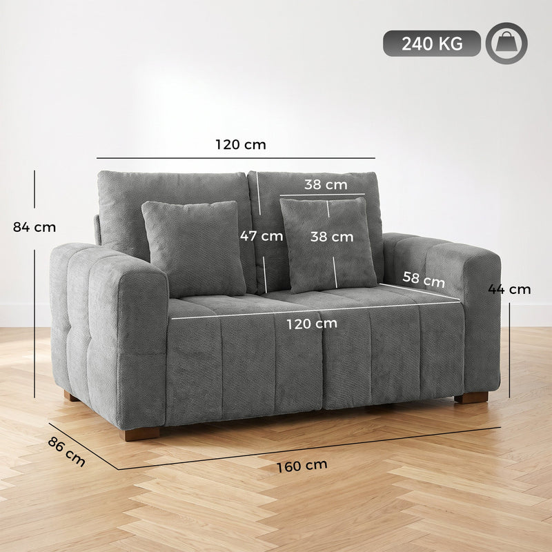 Grey 2 seater sofa dimensions diagram showing 160 cm width, 86 cm depth and 84 cm height