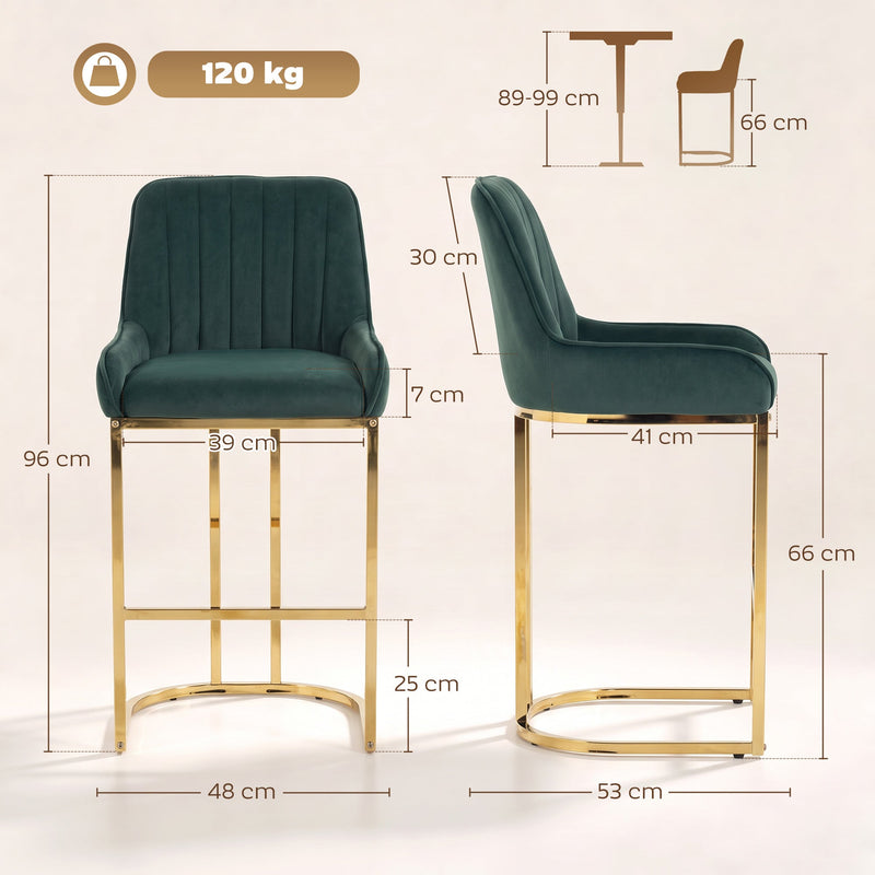 Dimensions diagram of the dark green bar stool showing 96 cm height, 48 cm width, 53 cm depth and 66 cm seat height
