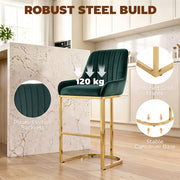 Dark green velvet bar stool with callouts for 120 kg capacity, pleated backrest, gold frame and cantilever base