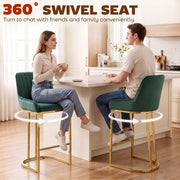 Two people sitting on dark green bar stools at a kitchen island with 360 degree swivel arrows