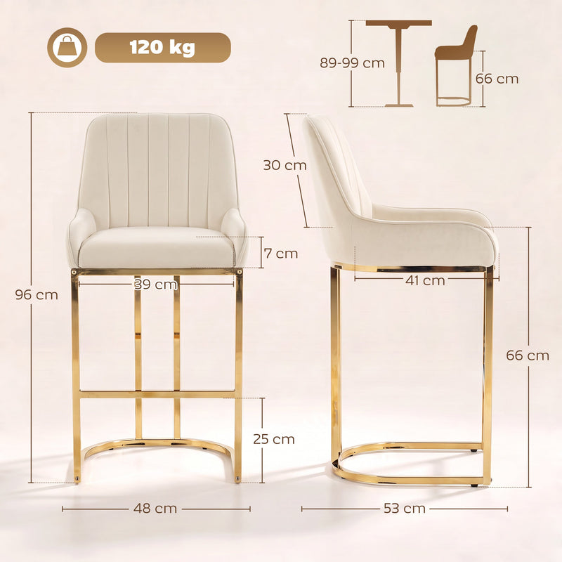 Dimensions diagram of the cream white bar stool showing 96 cm height, 48 cm width, 53 cm depth and 66 cm seat height