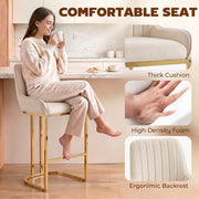 Woman sitting on a cream white velvet bar stool with close-ups of the thick cushion, foam and backrest